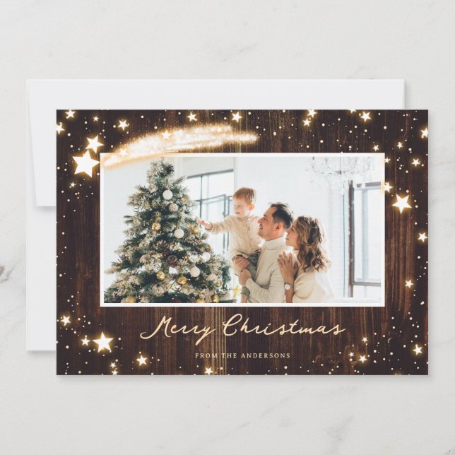 Rustic Wood Sparkly Star Photo Christmas Cards (Front)