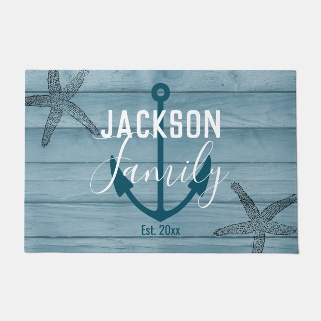 Rustic Wood Starfish Custom Family Beach House Doormat (Front)