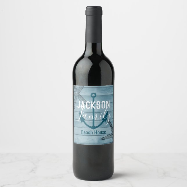 Rustic Wood Starfish Custom Family Beach House Wine Label (Front)
