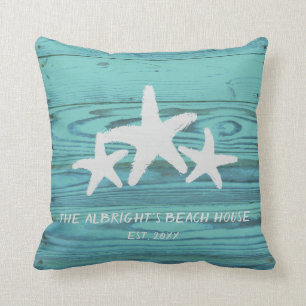 Rustic Wood Starfish Limpet Shell Blue Cushion
