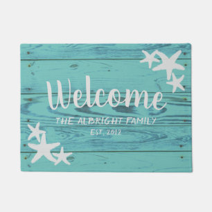 Rustic Wood Starfish Limpet Shell Blue Doormat