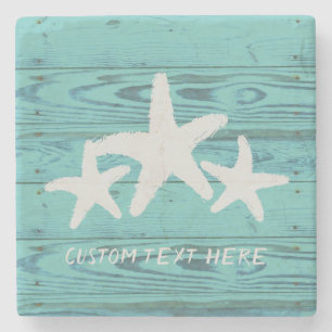 Rustic Wood Starfish Limpet Shell Blue Stone Coaster