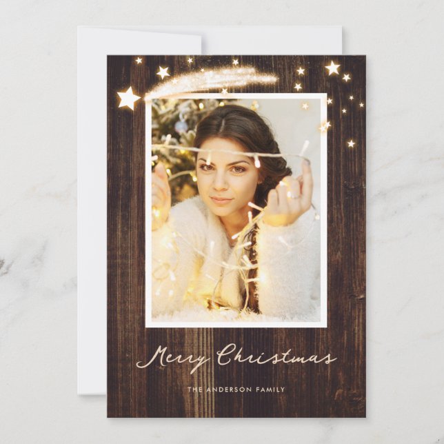 Rustic Wood Stars Photo Christmas Cards (Front)