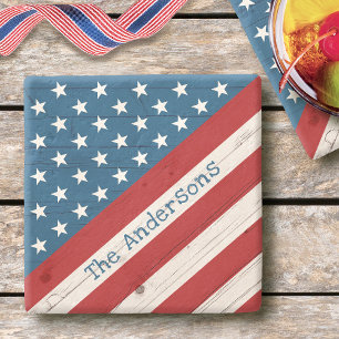 Rustic Wood Stars Stripes USA Flag Name Patriotic Stone Coaster