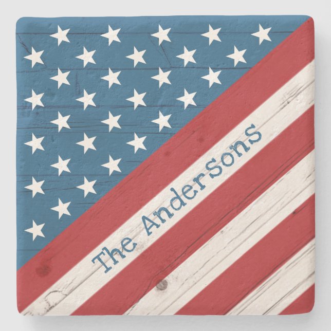 Rustic Wood Stars Stripes USA Flag Name Patriotic Stone Coaster (Front)