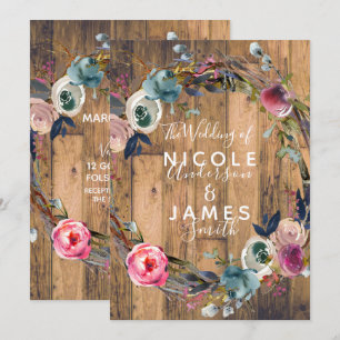 Rustic Wood Stick Floral Wreath Botanical Wedding Invitation