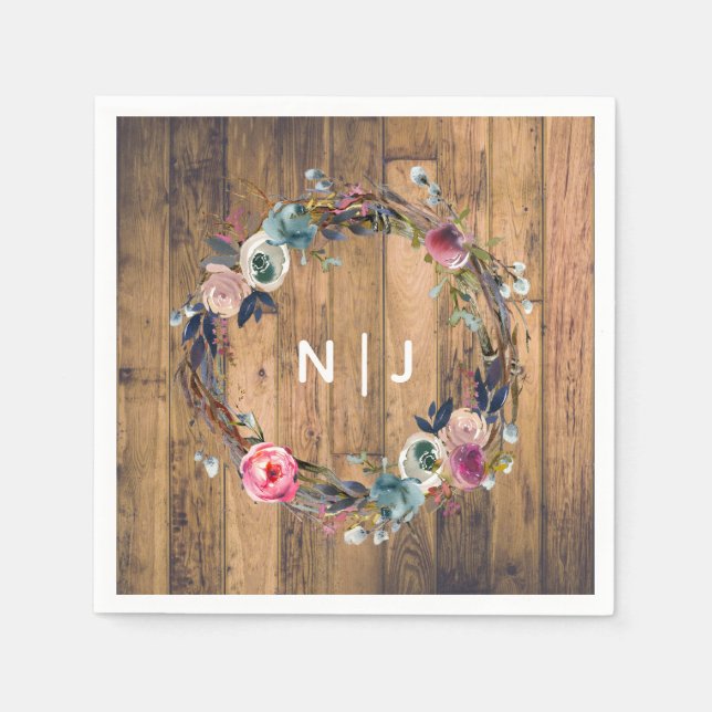 Rustic Wood Stick Floral Wreath Botanical Wedding Napkin (Front)