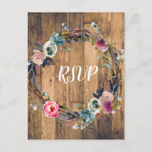 Rustic Wood Stick Floral Wreath Modern RSVP Invitation Postcard