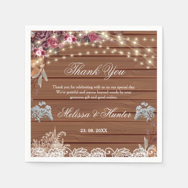 Rustic Wood String Light Babys Breath Lace Wedding Napkin (Front)