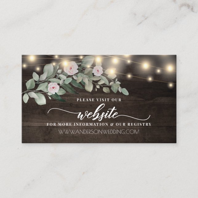 Rustic Wood String Light Botanical Wedding Website Enclosure Card (Front)