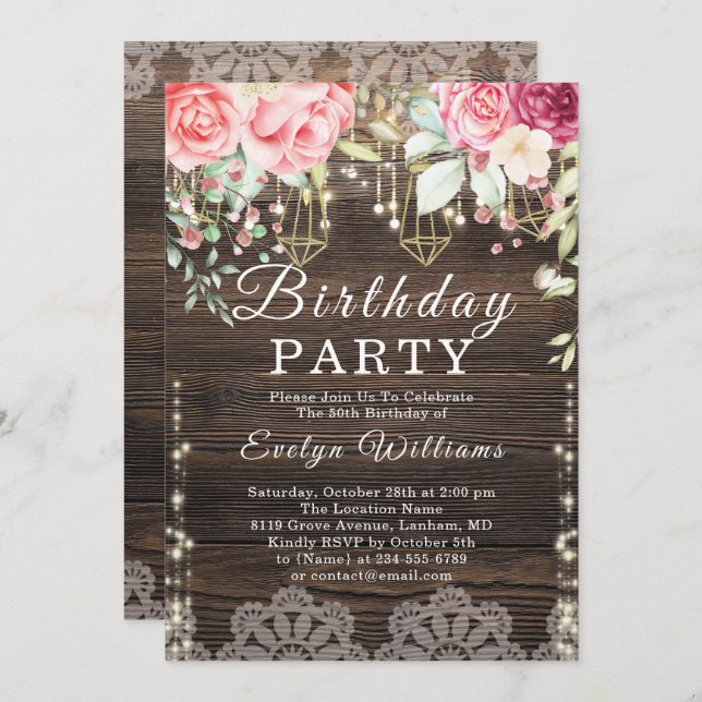 Rustic Wood string light Floral Birthday Invitation (Front/Back)
