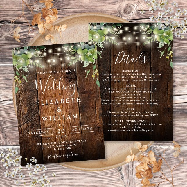 Rustic Wood String Light Greenery Details Wedding  Invitation (Rustic Wood String Light Greenery Details Wedding Invitation)