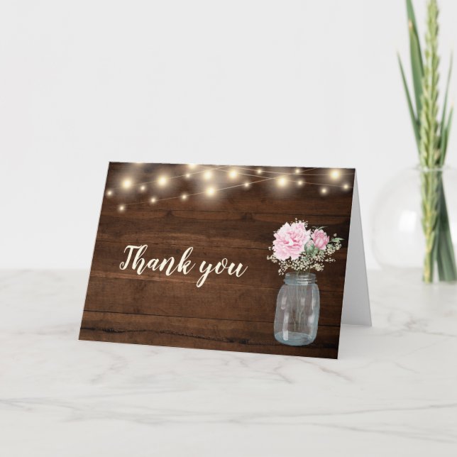 Rustic Wood String Light Mason Jar Floral Thank You Card (Front)
