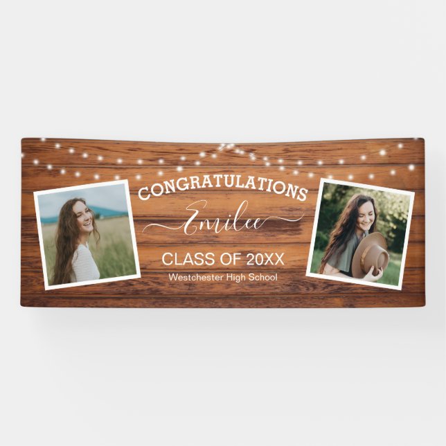 Rustic Wood String Light Photo Graduation Banner (Horizontal)