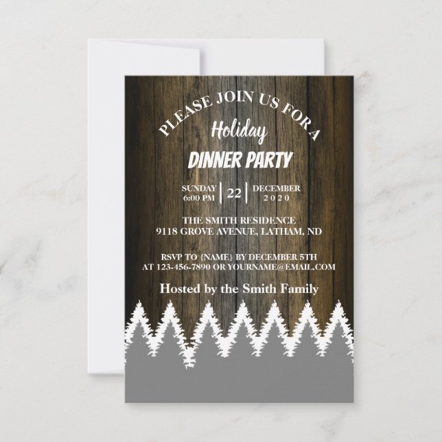 Rustic Wood String Light Pines Tree Holiday Party Invitation (Front)