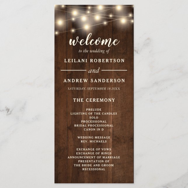 Rustic Wood String Light Wedding Programme (Front)