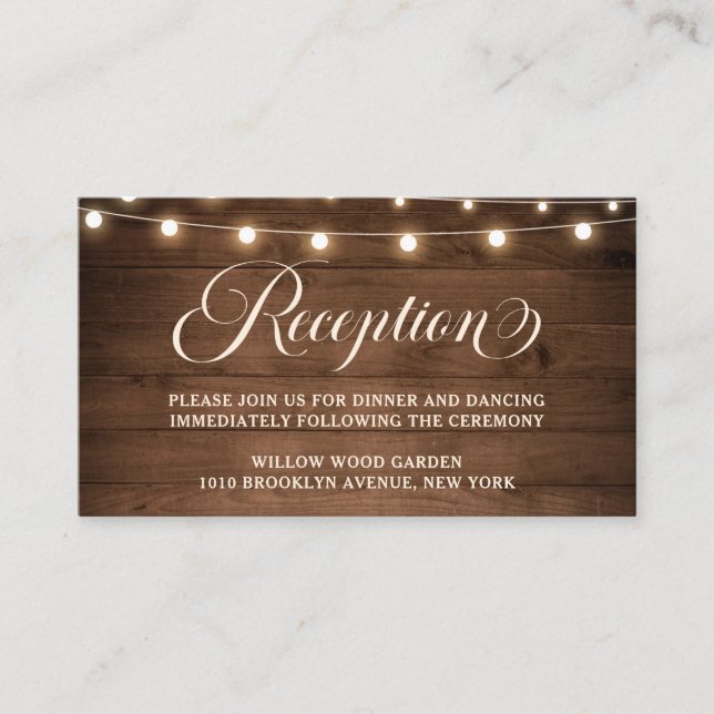 Rustic Wood String Light Wedding Reception Details Enclosure Card (Front)