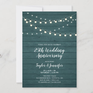 Rustic Wood & String Lights 25 Wedding Anniversary Invitation