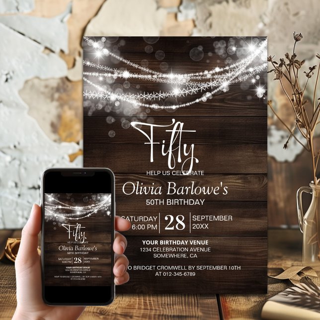 Rustic Wood String Lights 50th Birthday Party Invitation (Creator Uploaded)