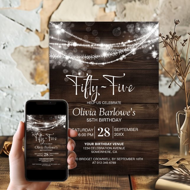 Rustic Wood String Lights 55th Birthday Party Invitation (Creator Uploaded)