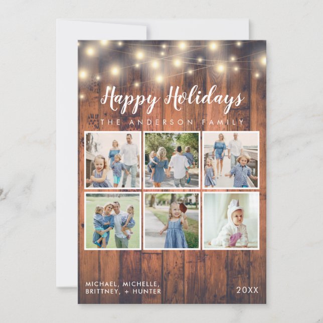 Rustic Wood String Lights 6 Photo Collage Holiday (Front)
