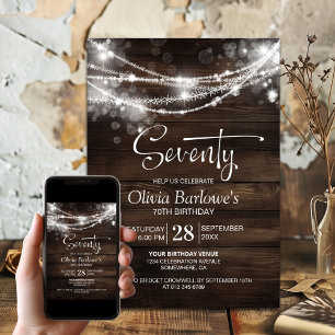 Rustic Wood String Lights 70th Birthday Party Invitation