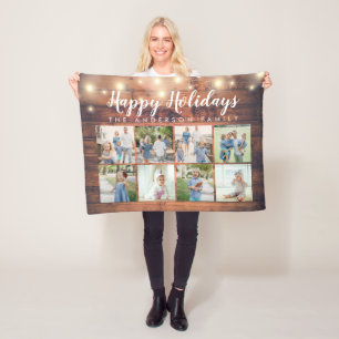 Rustic Wood String Lights 8 Photo Happy Holiday Fleece Blanket