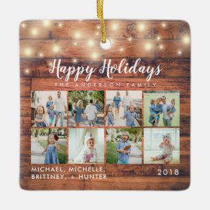 Rustic Wood String Lights 8 Photo Holiday Ceramic Ornament