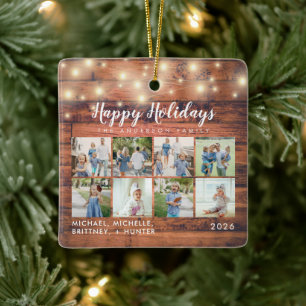 Rustic Wood String Lights 8 Photo Holiday Ceramic Ornament