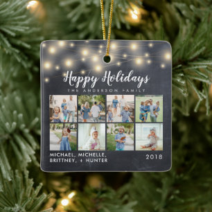 Rustic Wood String Lights 8 Photo Holiday Ceramic Ornament