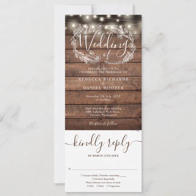 Rustic Wood String Lights All In One Wedding Invitation | Zazzle