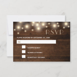 Rustic Wood String Lights and Lace   RSVP Card