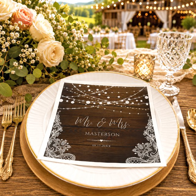 Rustic Wood String Lights and Lace Wedding Napkin (Creator Uploaded)