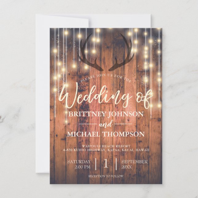 Rustic Wood String Lights Antler Wedding QR Code Invitation (Front)