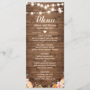 Rustic Wood String Lights Autumn Floral Wedding Menu
