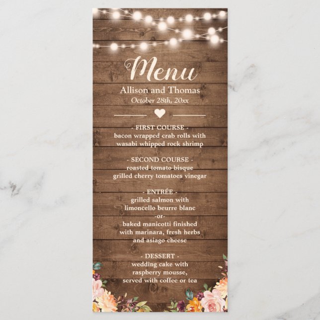 Rustic Wood String Lights Autumn Floral Wedding Menu (Front)
