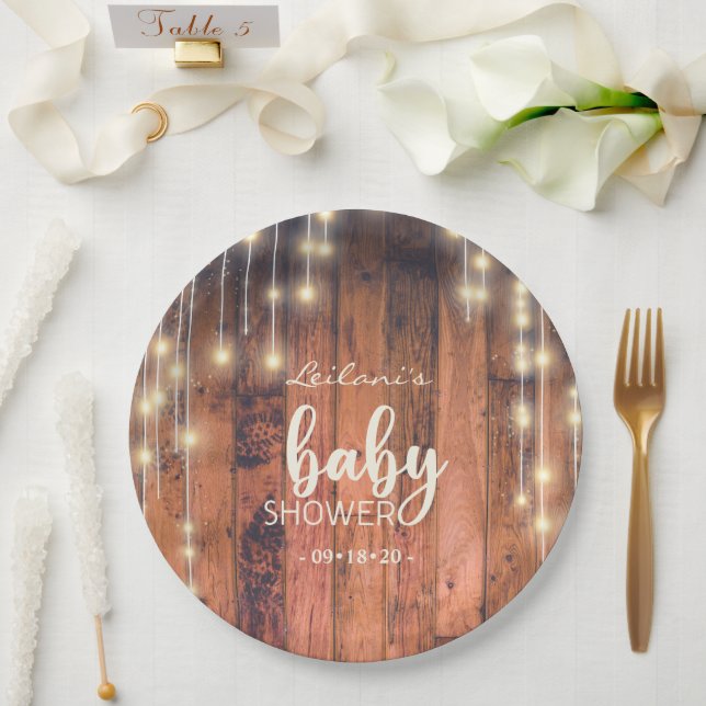 Rustic Wood String Lights Baby Shower Paper Plate (Wedding)