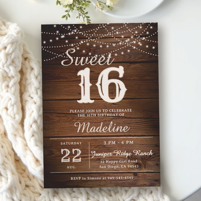 Rustic Wood String Lights Barn Elegant Sweet 16 Invitation (rustic sweet 16 birthday party invitation barn wood string lights backyard outdoors cowboy type)