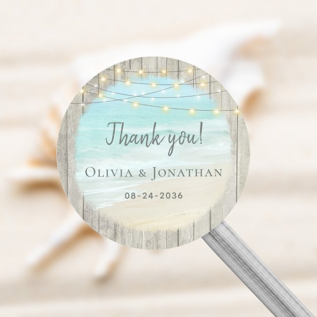 Rustic Wood String Lights Beach Wedding  Classic Round Sticker (Creator Uploaded)