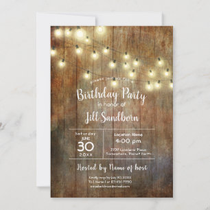 Rustic Wood & String Lights Birthday Party Invitation