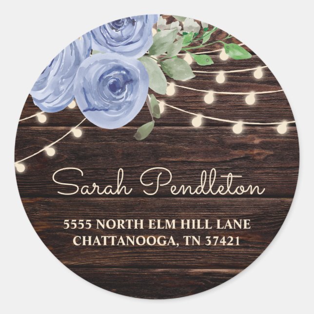 Rustic Wood String Lights Blue Floral Address Classic Round Sticker (Front)