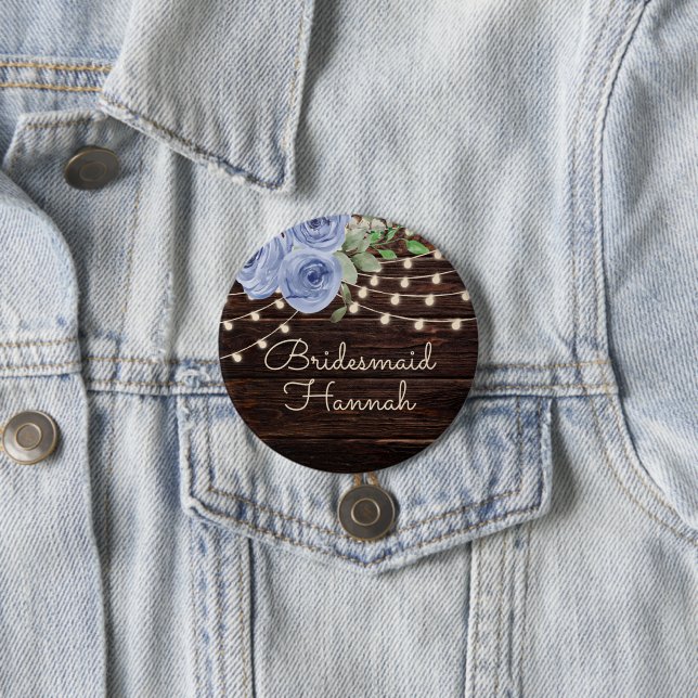 Rustic Wood String Lights Blue Floral Bridesmaid 7.5 Cm Round Badge (In Situ)