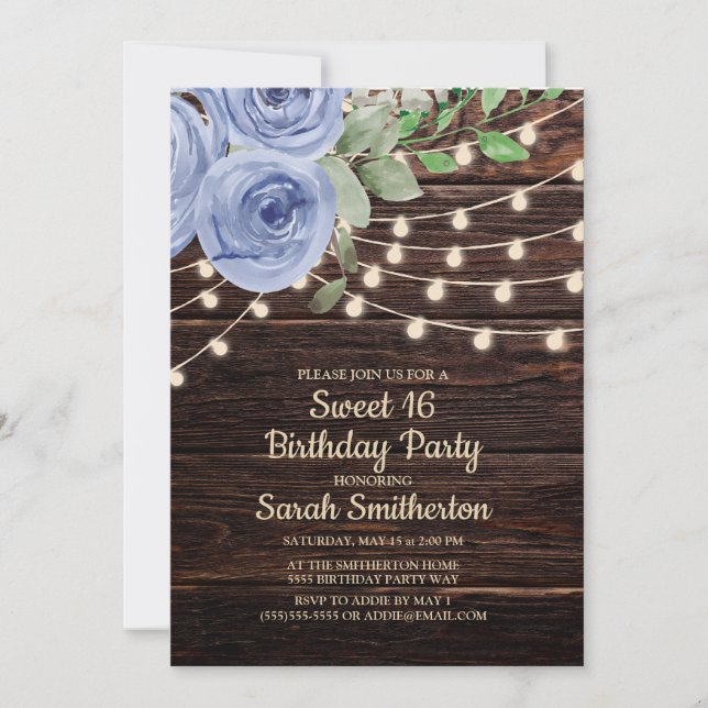 Rustic Wood String Lights Blue Floral Sweet 16 Invitation (Front)