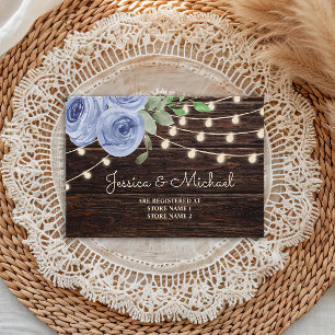 Rustic Wood String Lights Blue Floral Wedding Enclosure Card
