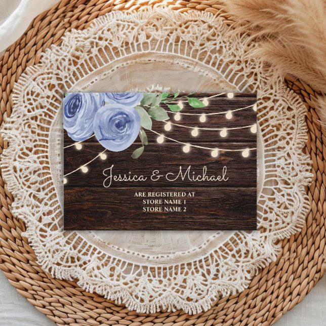 Rustic Wood String Lights Blue Floral Wedding Enclosure Card (Dusty blue watercolor floral and string lights on rustic wood wedding registry enclosure card)