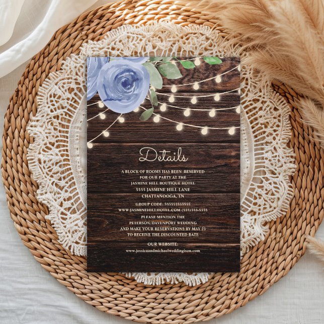 Rustic Wood String Lights Blue Floral Wedding Enclosure Card (Rustic wood with dusty blue watercolor floral and string lights wedding details enclosure card)
