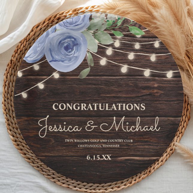 Rustic Wood String Lights Blue Floral Wedding Paper Plate (Rustic wood and dusty blue floral and string lights wedding reception paper plate)