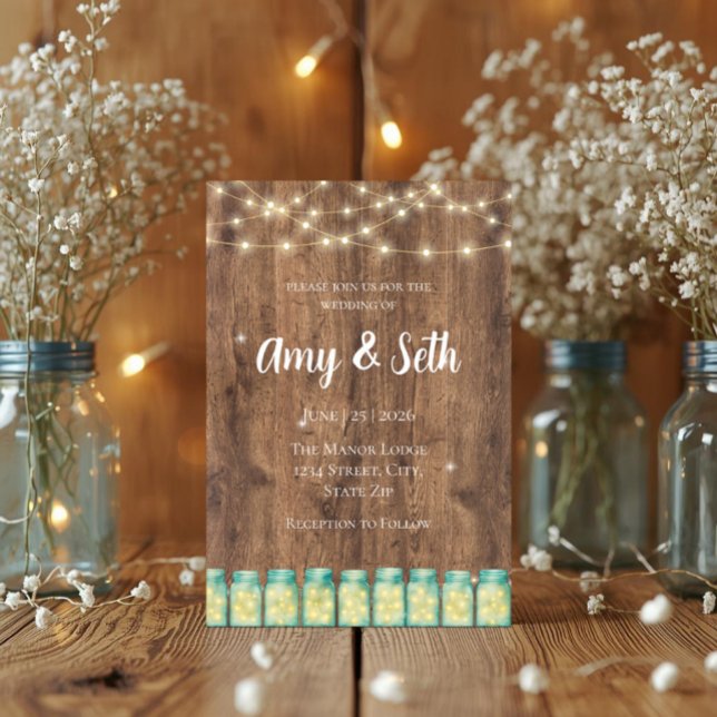 Rustic Wood String Lights Blue Mason Jar Wedding Invitation (Rustic barn wedding invite with blue mason jars and glowing string lights)