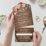 Rustic Wood String Lights Blush Floral Wedding All In One Invitation<br><div class="desc">Celebrate your special day with this Rustic String Lights Blush Floral All In One Invitation. This design combines the rustic charm of wooden textures and string lights with delicate blush florals for a romantic and elegant look. The invitation includes space for all of the essential wedding details and comes with...</div>