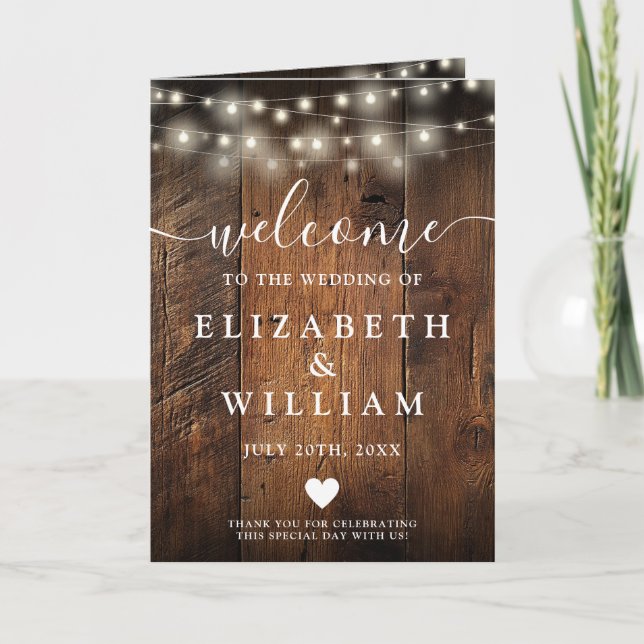 Rustic Wood String Lights Boho Wedding Programme (Front)